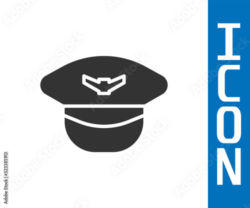 Grey Pilot hat icon isolated on white background.  Vector Illustration