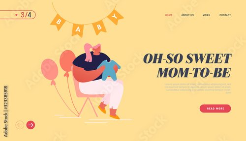 Baby Shower Celebration Website Landing Page. Young Woman Holding Child Clothing in Room Decorated with Balloons and Garlands. Gift for Future Mother, Web Page Banner. Cartoon Flat Vector Illustration
