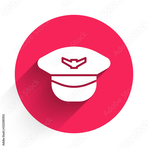 White Pilot hat icon isolated with long shadow. Red circle button. Vector Illustration