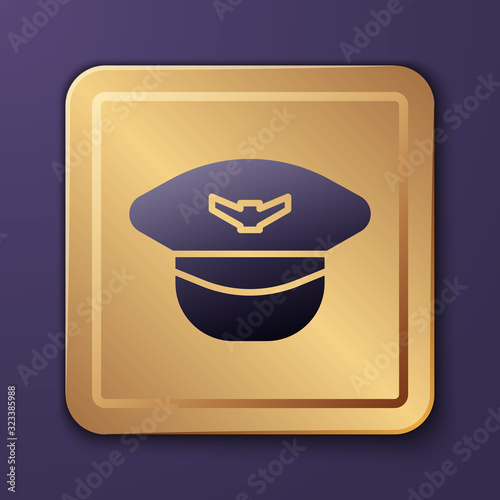 Purple Pilot hat icon isolated on purple background. Gold square button. Vector Illustration