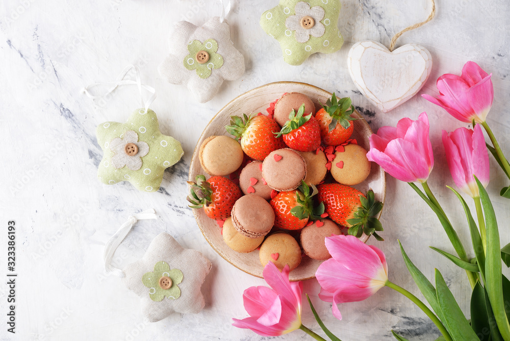 Sweets, strawberries and tulips Sweets, strawberries and tulips