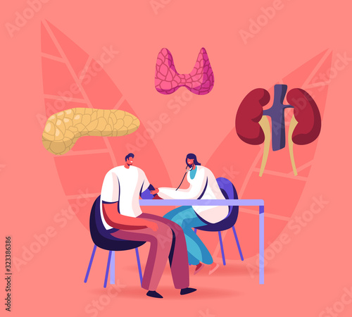 Female Doctor Endocrinologist Character Measuring Arterial Blood Pressure with Tonometer to Male Patient Sitting at Table. Hormone Disease Health Care Medical Check Up Cartoon Flat Vector Illustration