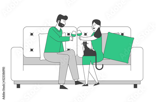 Young Loving Couple Spend Time at Home Sitting on Couch Together Chatting, Drinking Wine with Cat Sitting nearby on Weekend Evening. Love Flirting Sparetime. Cartoon Flat Vector Illustration, Line Art
