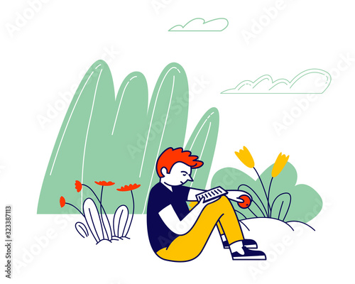 Teenage Boy Sitting Outdoors in Garden Reading Book and Eating Apple, Summertime Vacation, Holidays Recreation, Relaxing Spare Time in Village or Country Cartoon Flat Vector Illustration, Line Art