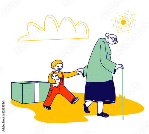 Senior Woman with Walking Cane Going with Little Boy to Get Humanitarian Aid, Vulnerable Social Groups, Poor People Need Help and Material Assistance, Cartoon Flat Vector Illustration, Line Art