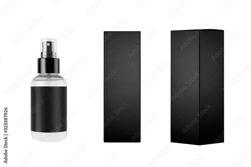 Mock up for design of packing cosmetics product - small transparent spray bottle, white label and black paper boxes of different sides, isolated. Mock up for design of packing cosmetics product - small transparent spray bottle, white label and black paper boxes of different sides, isolated.
