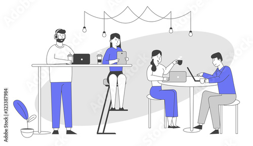 Male and Female Characters Sitting in Cafe Messaging Online in Social Networks, Chatting in Mobile Phone Using Wifi Internet, Drink Coffee. People Recreation Cartoon Flat Vector Illustration, Line Art © Hanna Syvak