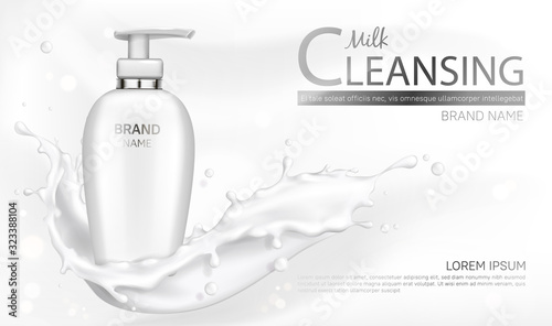 Milk cleansing cosmetics bottle mockup banner. Skin care cosmetic product pump tube on white background with milky splash. Face or body moisturizer packaging design. Realistic 3d vector illustration