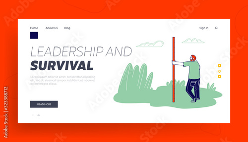 Geological Field Work Exploration Website Landing Page. Geologist with Ruler Searching Minerals Sample with Geodetic Measurement Instruments Web Page Banner. Cartoon Flat Vector Illustration, Line Art