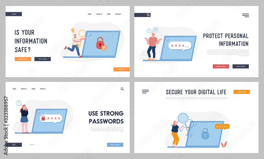 Password and Information Defend Website Landing Page Set. Users at Huge Laptop with Padlock and Shield on Screen Suffering about Lost Account Pin Code Web Page Banner. Cartoon Flat Vector Illustration