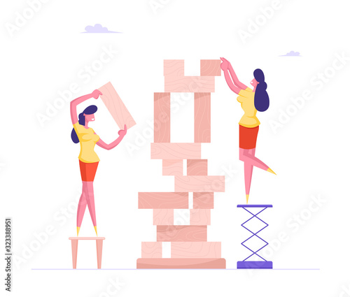 Young Women Playing Intellectual Strategic Board Game Put Wooden Block Pieces on Each Other for Making High Tower. Female Characters Assemble Puzzle, Business Strategy Cartoon Flat Vector Illustration