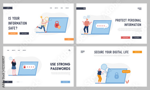 Password and Information Defend Website Landing Page Set. Users at Huge Laptop with Padlock and Shield on Screen Suffering about Lost Account Pin Code Web Page Banner. Cartoon Flat Vector Illustration