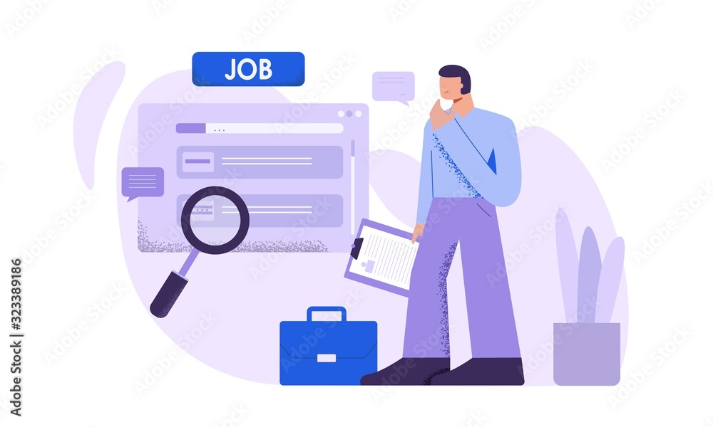 Male job seeker find work at internet website vector flat illustration. Unemployment business man during online research with magnifier on desktop isolated on white big limbs style