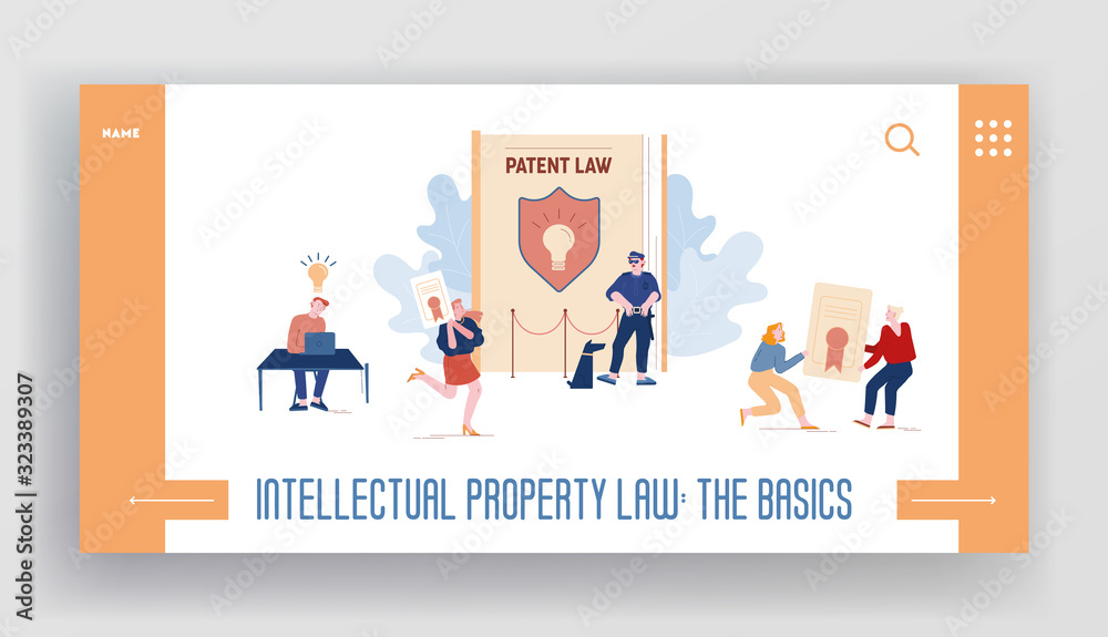 Patent Law Website Landing Page. Authors Create Mental Products and Protecting their Rights for Authorship. Safeguard with Dog Stand near Huge Book Web Page Banner. Cartoon Flat Vector Illustration
