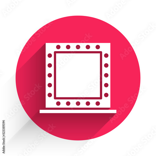 White Makeup mirror with lights icon isolated with long shadow. Red circle button. Vector Illustration