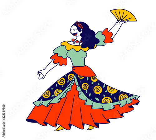 Beautiful Gypsy Girl in Long Dress Dancing with Fan in Hands and Singing Song