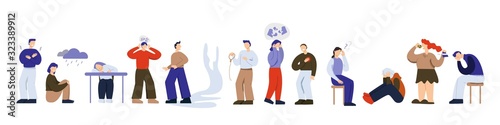 Set of sadness cartoon man and woman with psychology problems isolated on white background. Collection of different people with emotional mental disorders vector flat illustration