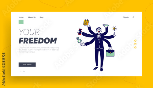 Business Man with Many Hands Multitasking and Self-employment Website Landing Page. Businessman Doing Multiple Tasks with Office Supplies Web Page Banner. Cartoon Flat Vector Illustration, Line Art