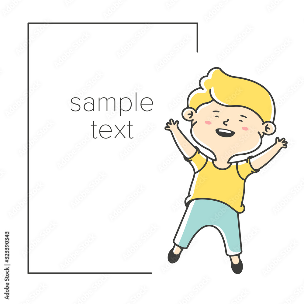 Happy little boy jumps. Card greeting template. Children's information message Happy little boy jumps. Card greeting template. Children's information message