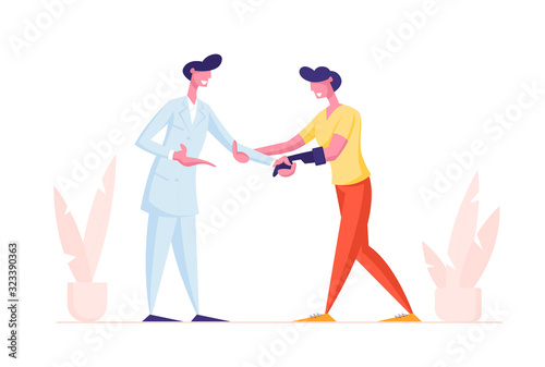 Doctor Shaking Hand to Invalid Handicapped Man with Arm Bionic Prosthesis, Patient Visiting Clinic or Hospital. Healthcare Disability, Medicine, Therapy Appointment Cartoon Flat Vector Illustration