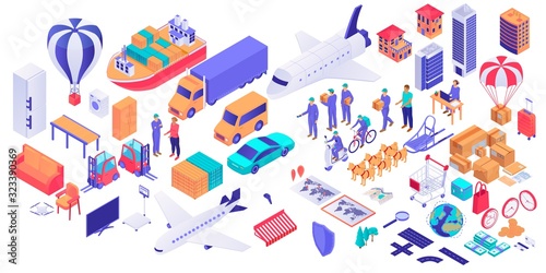 Set of isometric delivery service concept isolated on white background. Courier, worker, various transportation, box, furniture graphic illustration. Collection of postal shipment