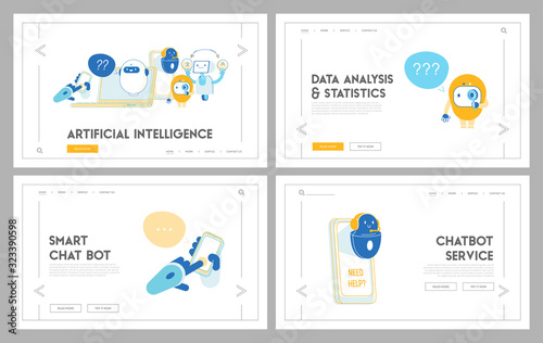 Robots Help People Website Landing Page. Chatbot Assistance, Online Text Translation, Answering Questions, Ai Artificial Intelligence Web Page Banner. Cartoon Flat Vector Illustration, Line Art