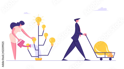 Businesswoman Inventor Grow Idea Tree with Light Bulbs on Branches Sale Harvest to other People. Happy Business Man Pushing Cart with Huge Lamp, Invention Project Cartoon Flat Vector Illustration