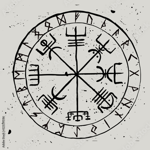 Vegvisir. Protective runic talisman for travelers. Compass for the wandering. Vector illustration