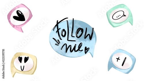 Video banner for social networks with emblems tag cloud follow me, +1 subscriber, comment, like, smiley with eyes, hearts. Banner for advertising, web, business, advertising.