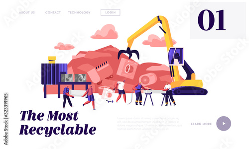 Scrapmetal Recycle Industry, Trash Reuse Website Landing Page. People Bring Old Broken Technique to Recycling Plant. Crane Arm Loading Metal Scrap Web Page Banner. Cartoon Flat Vector Illustration