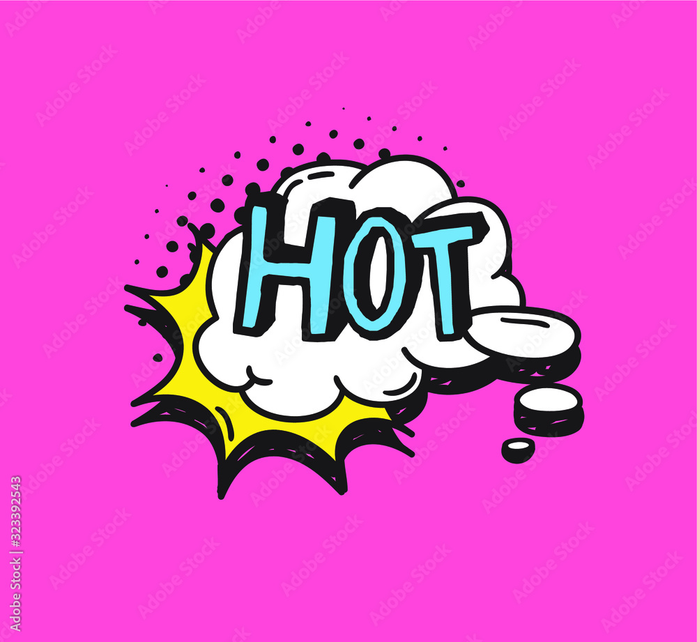 Hand drawn speech bubble with text on pink background and halftone. Vector pop art object and word. Doodle element for dialog or comic Hand drawn speech bubble with text on pink background and halftone. Vector pop art object and word. Doodle element for dialog or comic