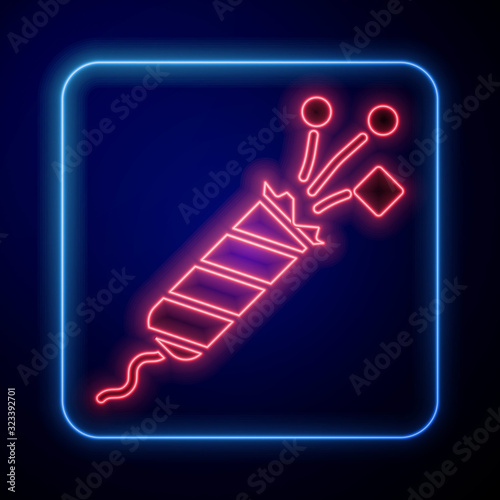 Glowing neon Firework rocket icon isolated on blue background. Concept of fun party. Explosive pyrotechnic symbol. Vector Illustration