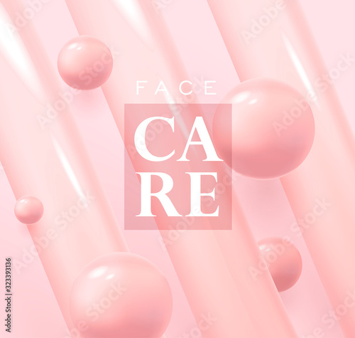 Composition with light 3d pink pearl moleculas with cream lines with text face care