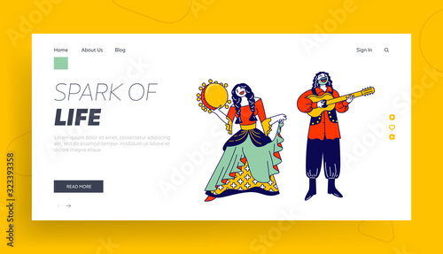 Gipsy Culture, Fair Holiday Entertainment Website Landing Page. Gypsy Couple Dressed in Ethnic Wear Dancing and Playing Guitar and Tambourine Web Page Banner. Cartoon Flat Vector Illustration Line Art