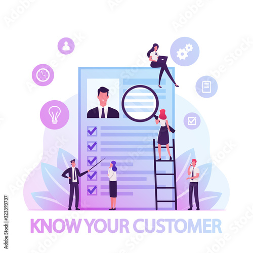 KYC or Know Your Customer Concept, Process of Business Verifying of Clients Identity and Assessing their Suitability, Tiny Businesspeople Learning Customer Profile Cartoon Flat Vector Illustration