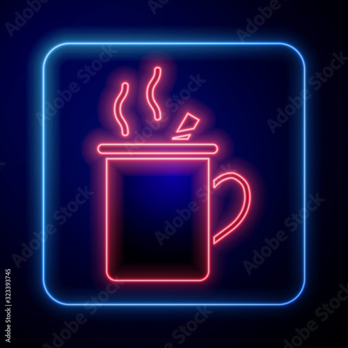 Glowing neon Mulled wine with glass of drink and ingredients icon isolated on blue background. Cinnamon stick, clove, lemon slice. Vector Illustration