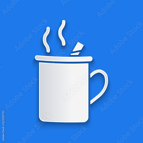 Paper cut Mulled wine with glass of drink and ingredients icon isolated on blue background. Cinnamon stick, clove, lemon slice. Paper art style. Vector Illustration