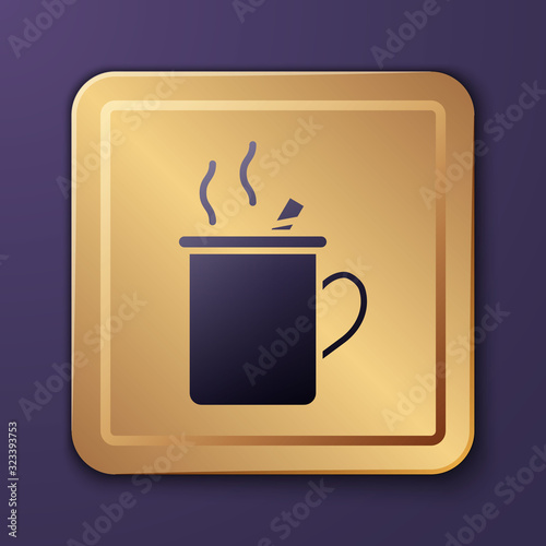 Purple Mulled wine with glass of drink and ingredients icon isolated on purple background. Cinnamon stick, clove, lemon slice. Gold square button. Vector Illustration