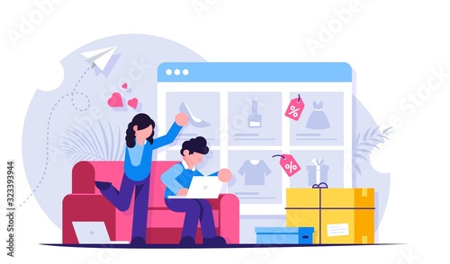 Online shopping. A man and a woman shop at an online store sitting on a couch. The product catalog on the web browser page. Shopping boxes. Vector isolated illustration.