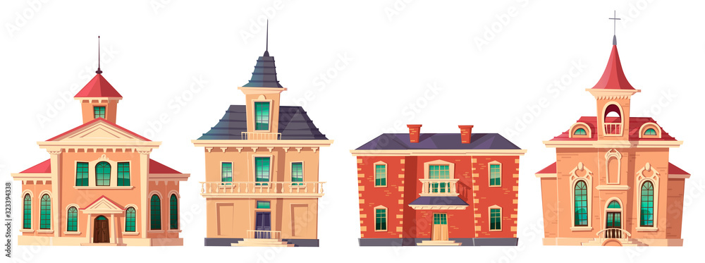 Urban retro colonial style building cartoon vector set illustration. Old residential and government buildings, 18 century Victorian houses house with balcony and turret isolated on white background