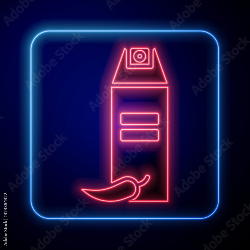 Glowing neon Pepper spray icon isolated on blue background. OC gas. Capsicum self defense aerosol. Vector Illustration