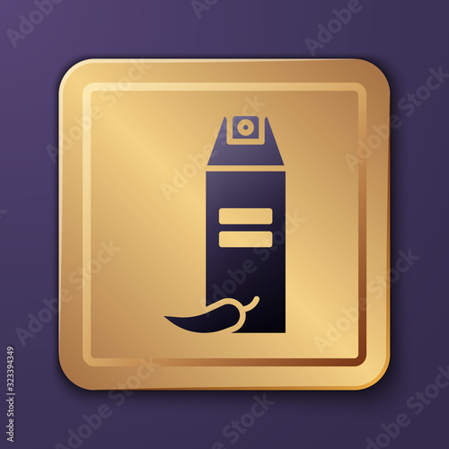 Purple Pepper spray icon isolated on purple background. OC gas. Capsicum self defense aerosol. Gold square button. Vector Illustration