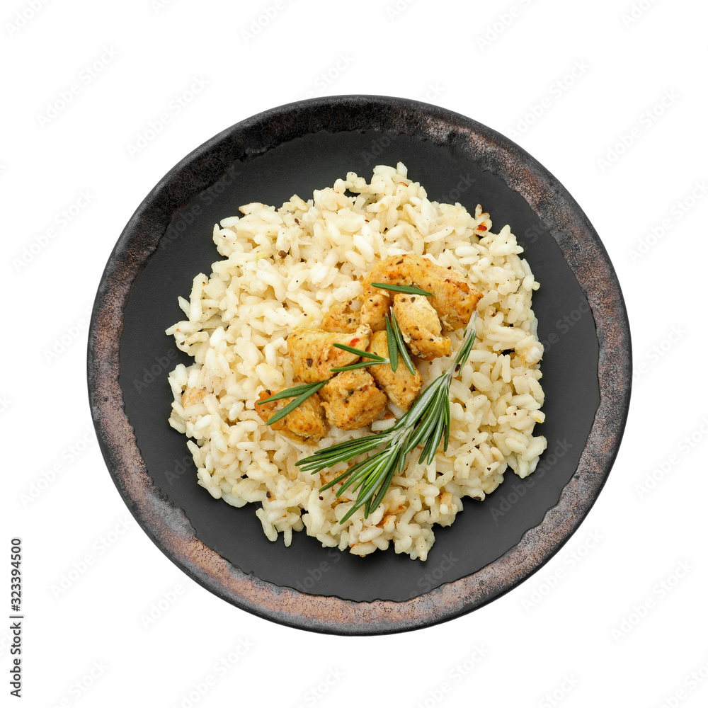 Delicious risotto with chicken isolated on white, top view Delicious risotto with chicken isolated on white, top view