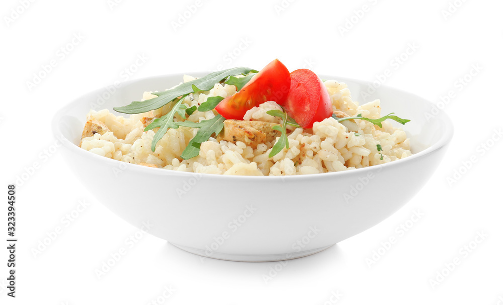 Delicious risotto with chicken isolated on white Delicious risotto with chicken isolated on white