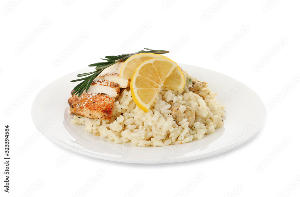 Delicious chicken risotto with lemon slices isolated on white