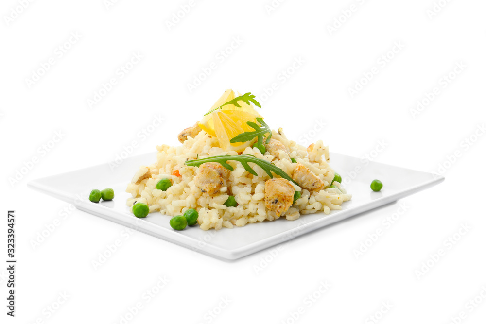 Delicious chicken risotto with lemon slices isolated on white Delicious chicken risotto with lemon slices isolated on white