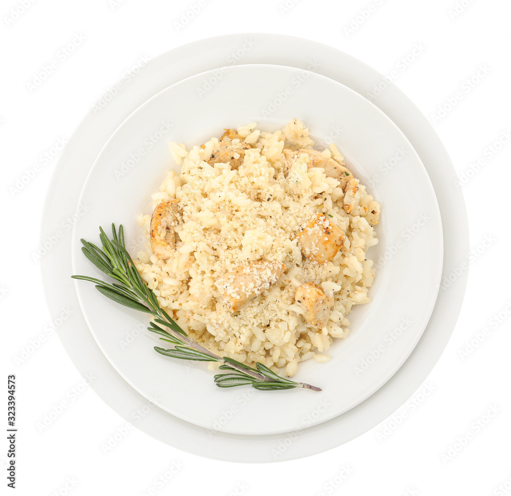 Delicious chicken risotto with rosemary isolated on white, top view Delicious chicken risotto with rosemary isolated on white, top view
