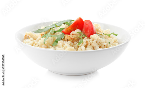 Delicious risotto with chicken isolated on white