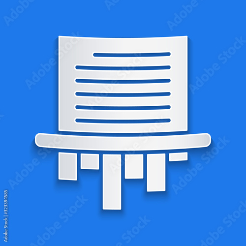 Paper cut Paper shredder confidential and private document office information protection icon isolated on blue background. Paper art style. Vector Illustration