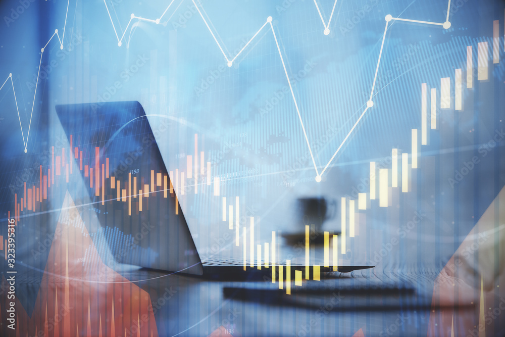 Double exposure of graph and financial info and work space with computer background. Concept of international online trading. Double exposure of graph and financial info and work space with computer background. Concept of international online trading.